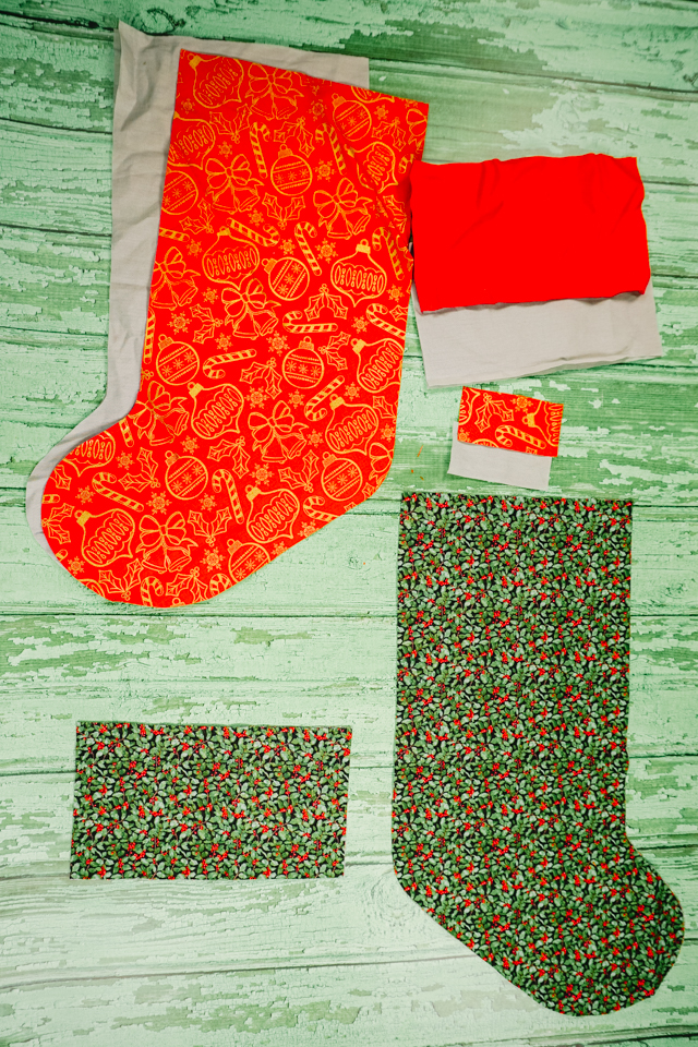 fabric pieces of christmas stocking pattern