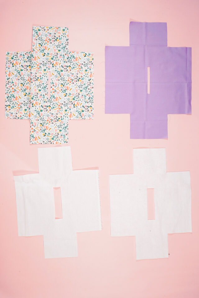 cut out fabric, interfacing, and fusible fleece