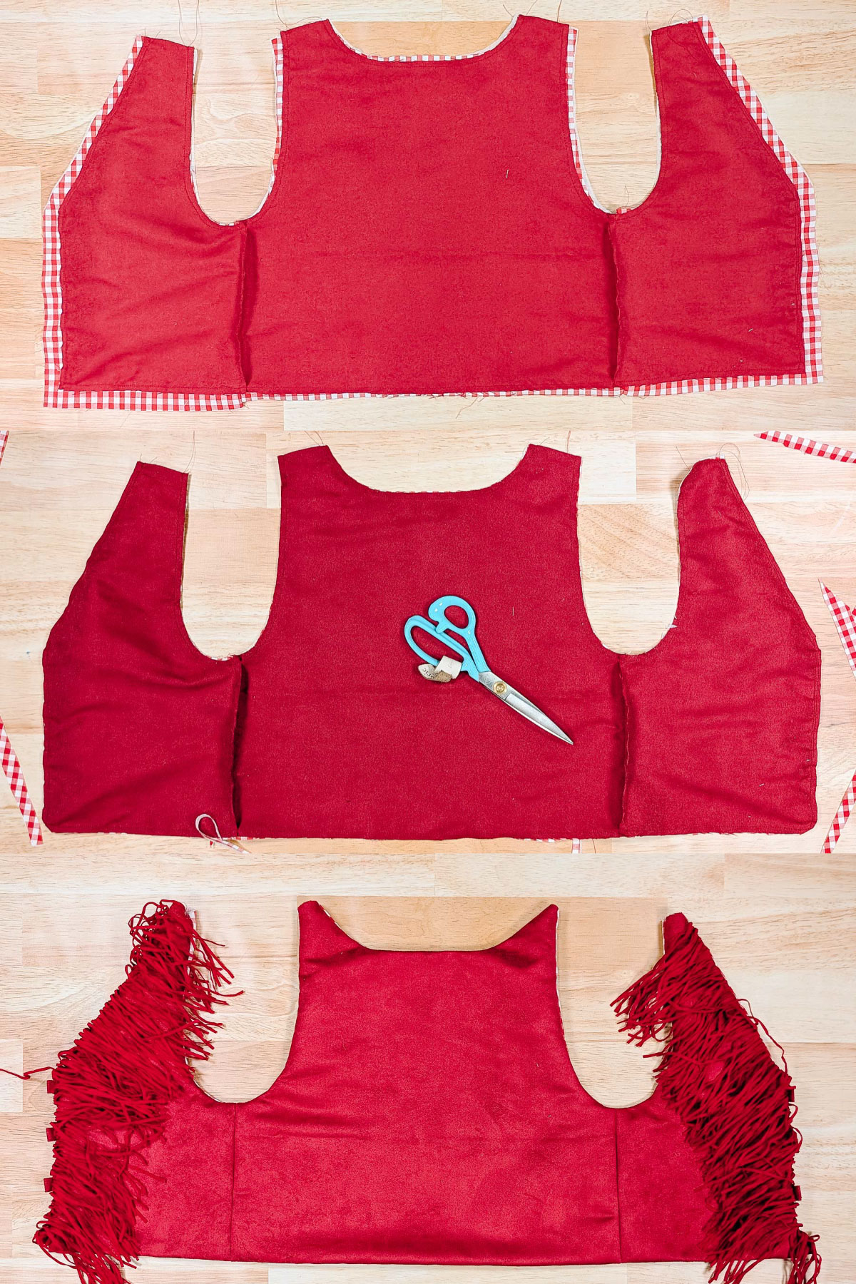 sew vest right sides together, trim, and turn right side out